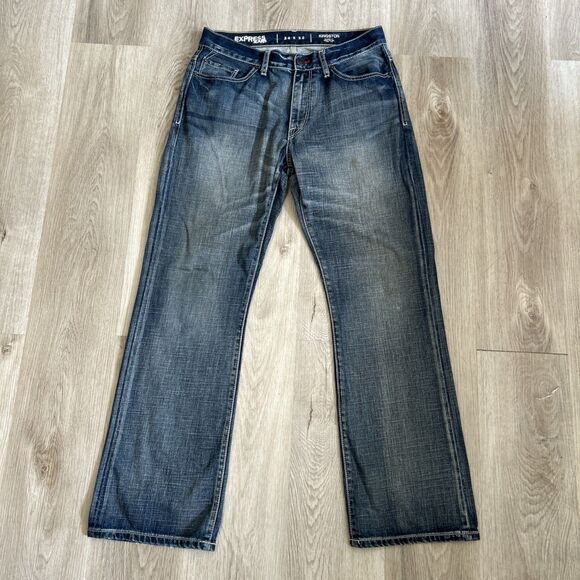 Express Jeans Mens 34x32 Kingston Boot Cut Classic Blue Denim Pants Cowboy STAIN - Picture 1 of 11